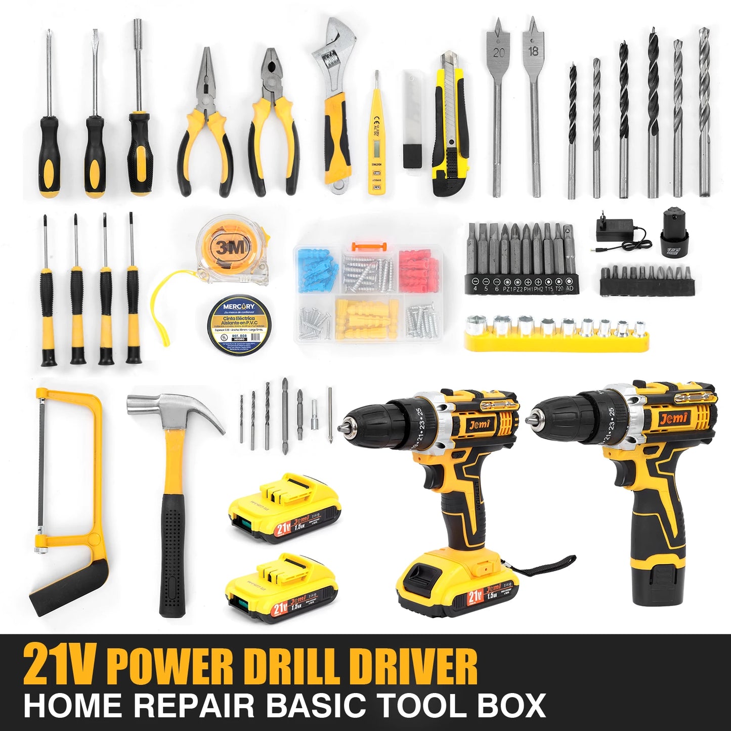 Jemi Tool 12 V/21 V Akku-Bohrschrauber, 45 Nm Schlagbohrmaschine, 25+3 Drehmomenteinstellung, mit 45 optionalen Zubehörteilen
