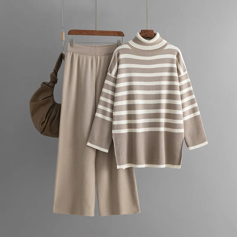 Muslim Women Knitting 2 Piece Sets Striped Sweater Pullover Top Wide Leg Pants Suit Outfits Knitwear Turtleneck Ensemble 2025