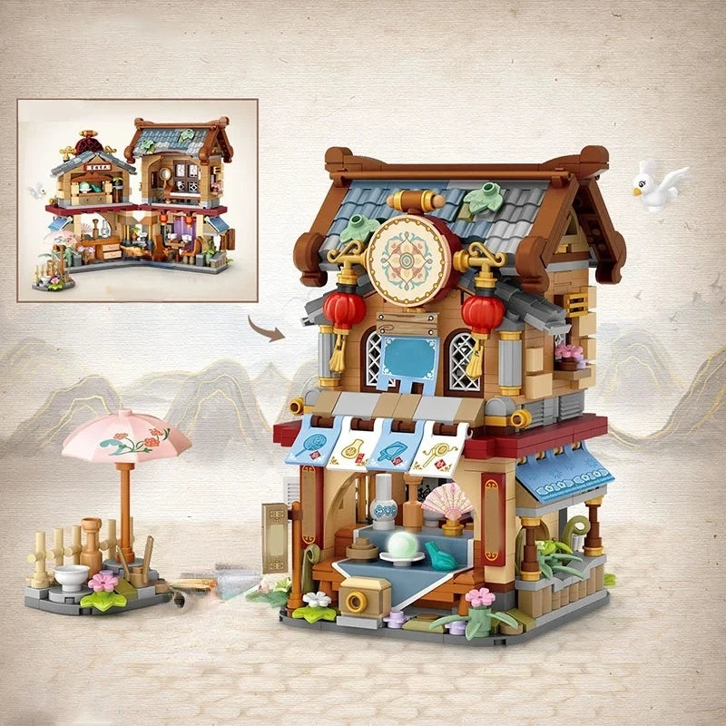 Street View Series Building blocks Izakaya Shaved Ice Shop Takoyaki Shop Coffee shop Panda Tea House model children's gift