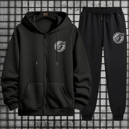 Viking Raven Print Mens Casual Tracksuit Set 2025 New 2 Pieces Zipper Hoodie with Pants Urban Streetwear Outfit Autumn Winter.