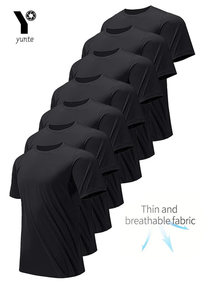Round Neck T-Shirt 7-Piece Black Ultra-Light Men's Quick-Drying Breathable Sweat-Absorbent Shirt Suitable for Fitness Gym and Ru.