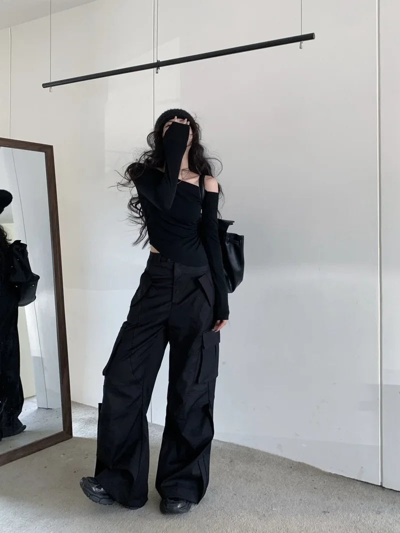 SexySpicy Girl Style Blackoff-the-Shoulder Long Sleeve T-shirt Slimming Smooths Your Silhouette Nefarious Crossbody Top For Wome.