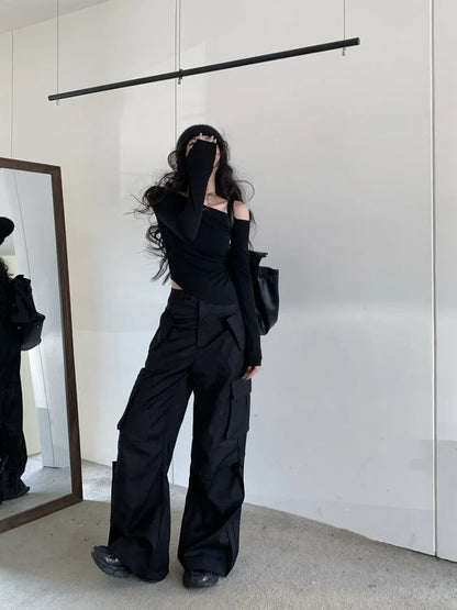 SexySpicy Girl Style Blackoff-the-Shoulder Long Sleeve T-shirt Slimming Smooths Your Silhouette Nefarious Crossbody Top For Wome.