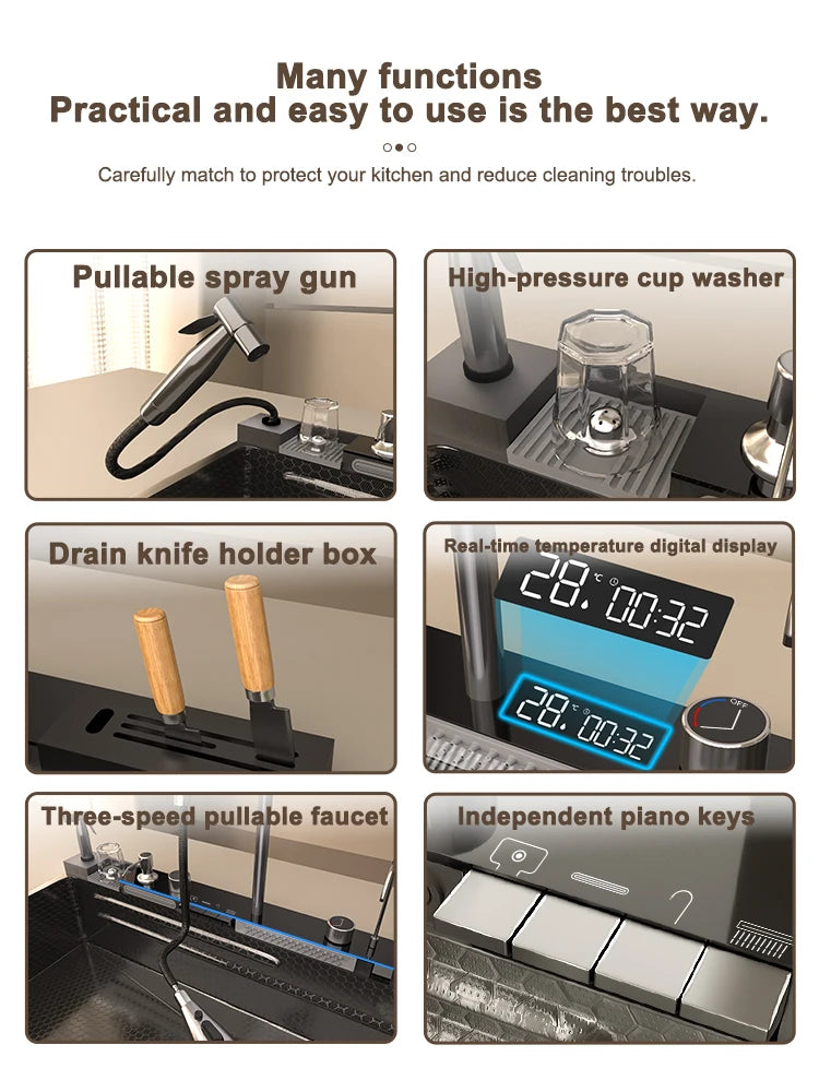 Golden Stainless Steel Waterfall Kitchen Sink Gold Embossed Extra Large Single Slot Digital Display Dishwashing Basin 100x50cm