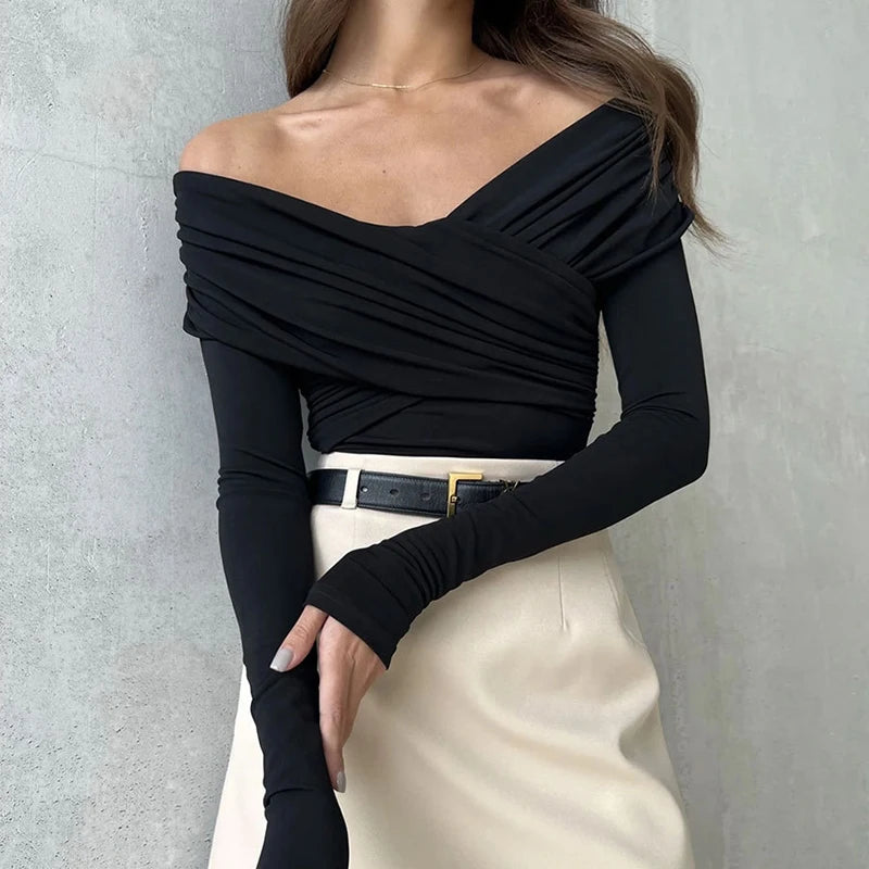Chic Sexy Criss-cross Pleated Slash Neck Slim Fit Solid Color Basic 2024 Sexy Hot Female Long-sleeves High Waisted Bodysuit Tops.