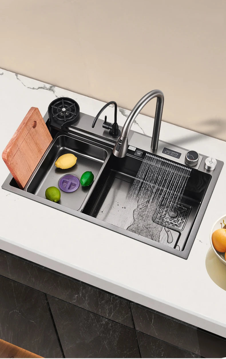 YCRAYS Digital Display Nano Kitchen Sink Large Single Bowl SUS304 Waterfall Faucet Cup Washer Purified Tap Soap Dispenser