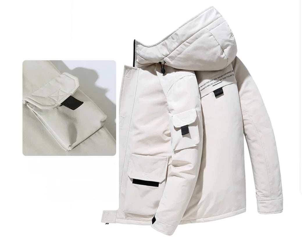 2025 new men's workwear down jacket, winter hooded warm jacket, multi pocket windproof down jacket, trendy down jacket.