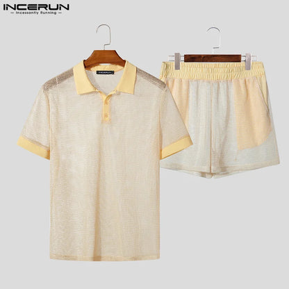Men Short Sets Fashion Hollow Out INCERUN Two-piece Suits  Men's Sets Streetwear Short Sleeve Tops Shorts Men's Clothing Summer