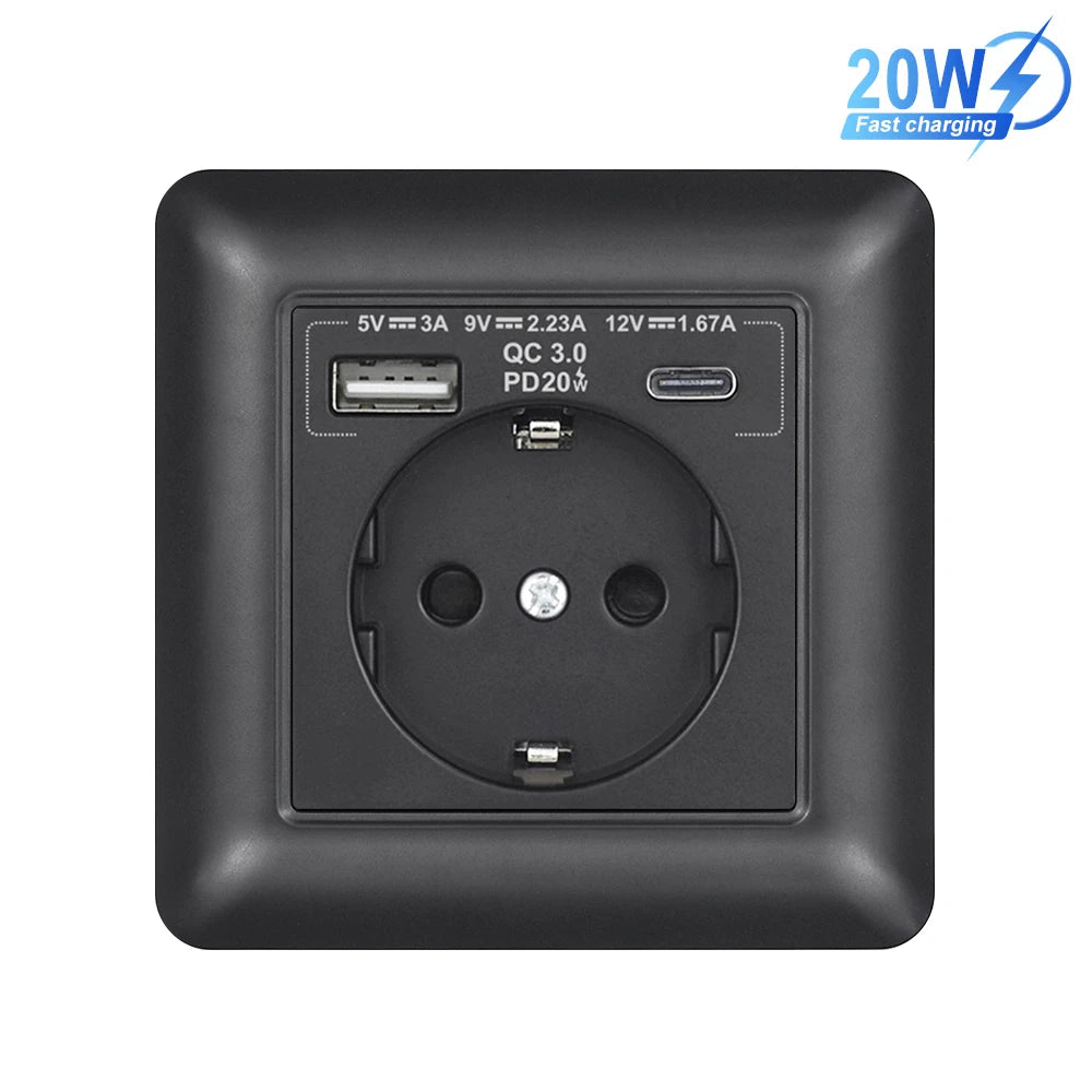 SRAN USB-Wandsteckdose, 20 W, schnelles Laden und 5 V, 2 A, EU-Standard, 82 x 82 mm, flammhemmendes PC-Panel, USB-Typ-C-Kombination.