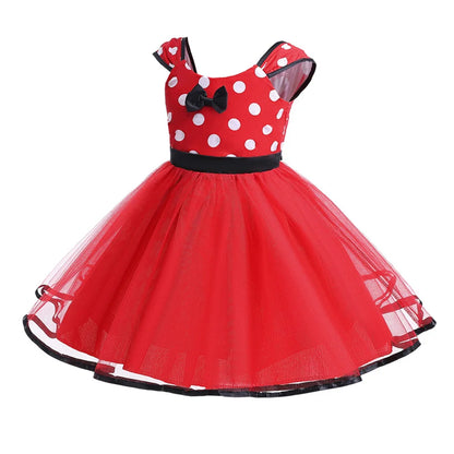 Disney Minnie Maus Polka Dot Kleid Mädchen Rosa Rot Sommer Kleidung Kinder Geburtstag Karneval Weihnachten Party Bogen Mesh Kleid Kostüme.