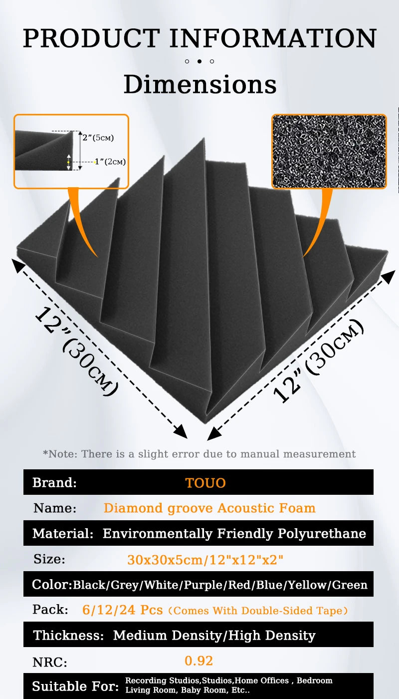 TOUO Acoustic Foam 6/12/12/48 Pcs Offices Acoustic Treatment Flame-Retardant High-Density Diamond Groove Soundproof Foam Panels