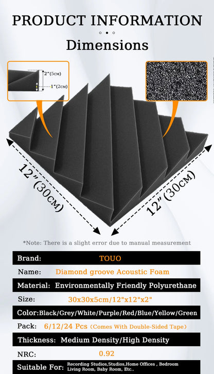 TOUO Acoustic Foam 6/12/12/48 Pcs Offices Acoustic Treatment Flame-Retardant High-Density Diamond Groove Soundproof Foam Panels