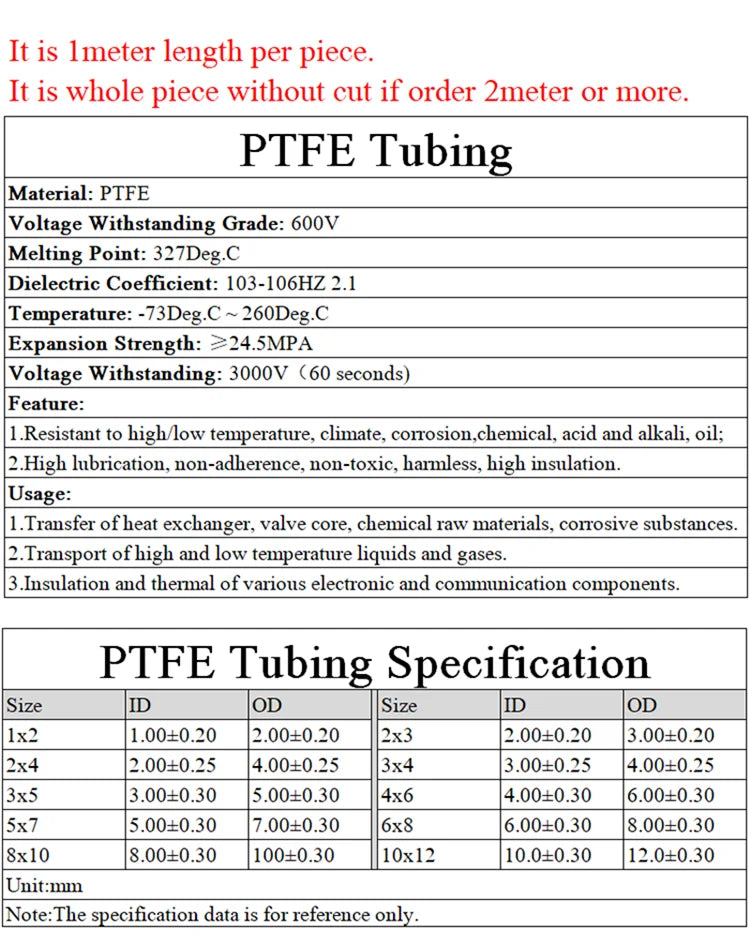 PTFE Tube 600V ID 1-2-2.5-3-4-5-6-7-8-9-10-11-12-13-14-15mm F46 Insulated Hose Rigid Pipe Temperature Corrosion Resistance.