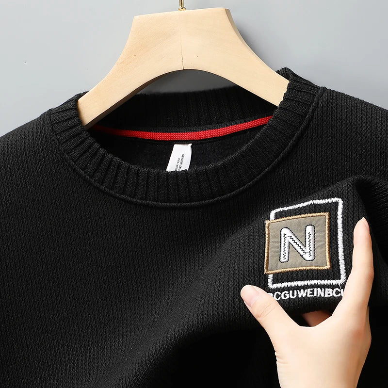 New Men's Fashion Sweater Autumn Winter Fleece Lined Clothes Thickened Pullover Crew Neck Knitted Pullovers Knitwear.