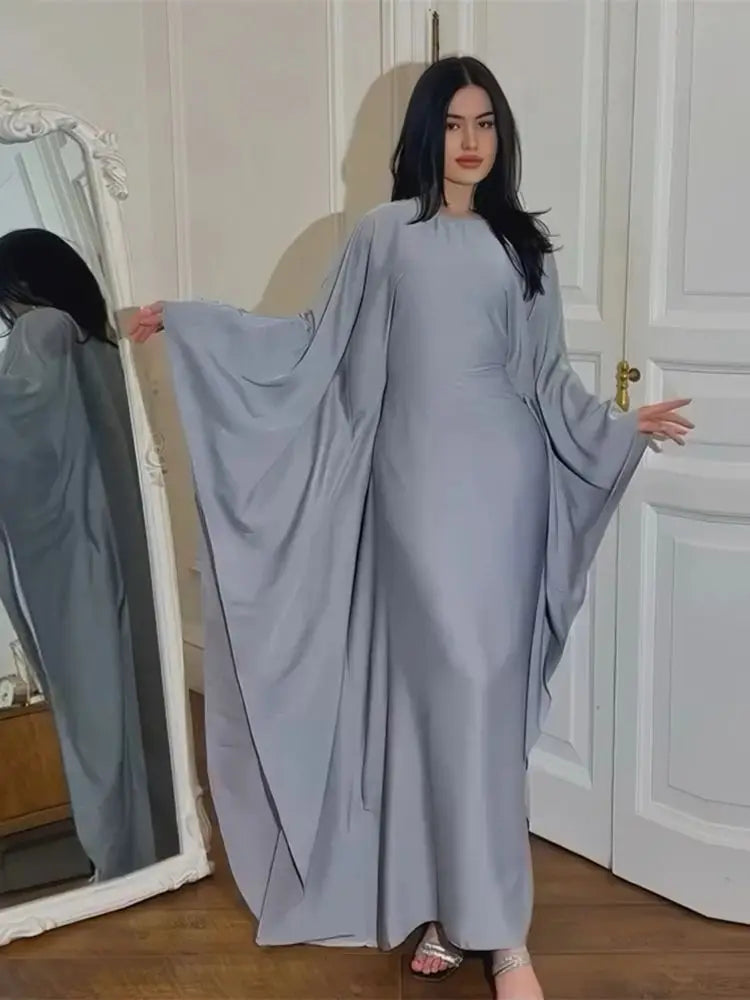 Eid glänzende Fledermaus Satin Abaya Dubai Luxus muslimische Abayas für Frauen Maxi Kaftan Kleid islamische Kleidung Kaftan Marocain Femme.