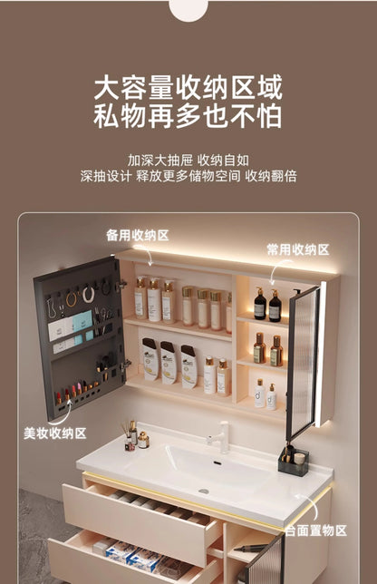 Cremefarbener Wind-Badezimmerschrank, integriertes Waschbecken aus Keramik, WC-Waschbecken-Kombination