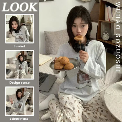 Frühling und Herbst Neue Damen Ins Stil Pyjamas Homewear Set Cartoon Mädchen Lange Ärmeln Lange Hosen Koreanische Pyjamas Homewear set.
