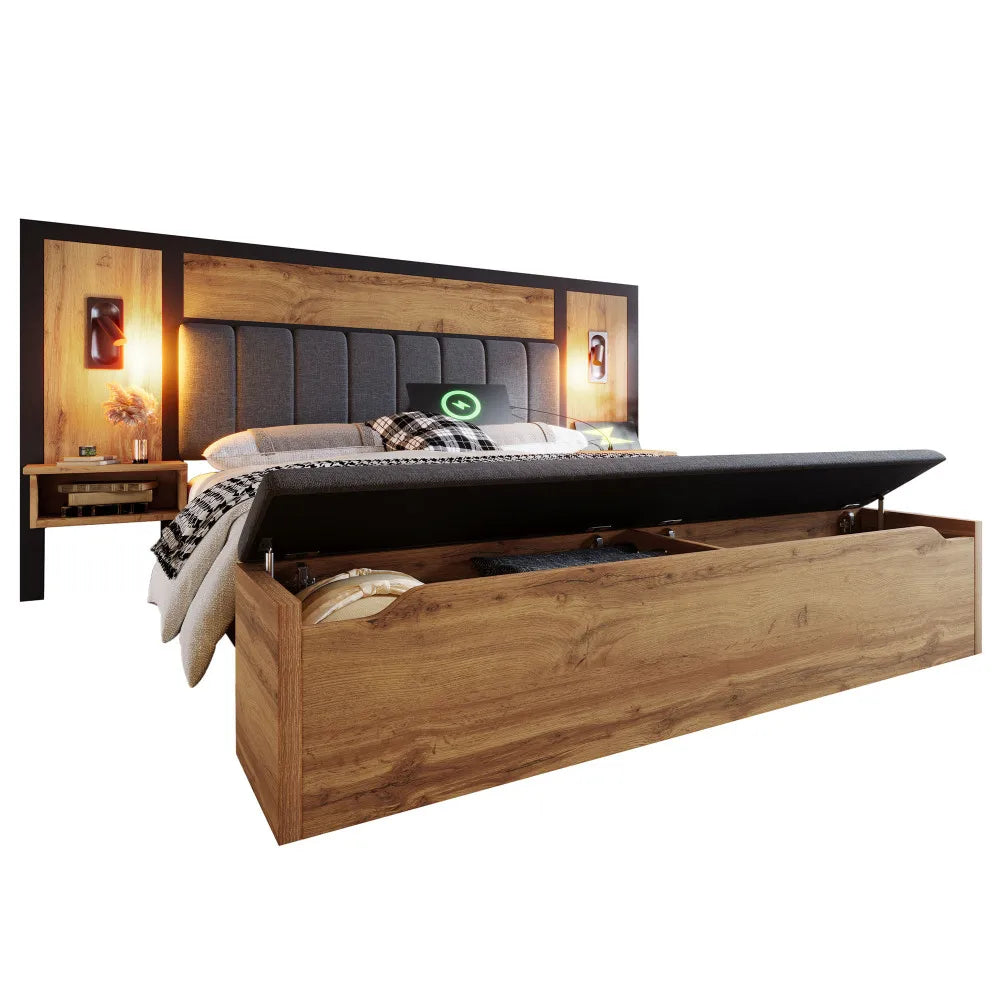 Bett mit gepolstertem Bettsystem mit Leselampe und USB-C-Nachttisch und Sitzbank mit Stauraum (ohne Matratze)