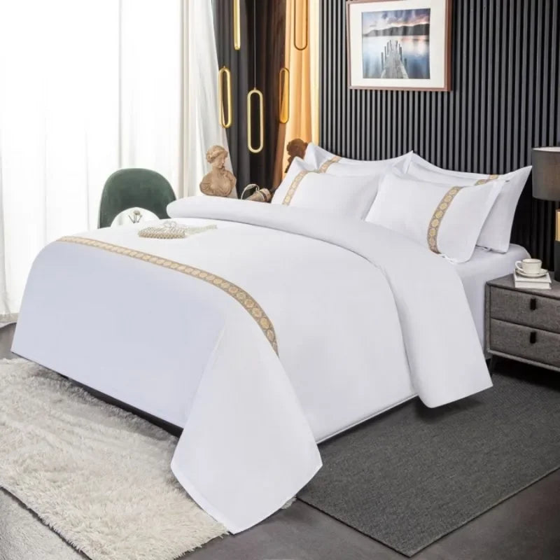 New 140g twill thickened hotel four-piece hotel linen pure white single quilt set webbing hotel bed and breakfast.