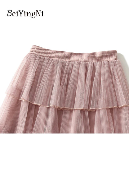 Beiyingni Woman Mesh Long Midi Cake Skirt Solid Color Elegant French Tiered Fairy Tulle Skirts Khaki Casual High Waist Faldas.