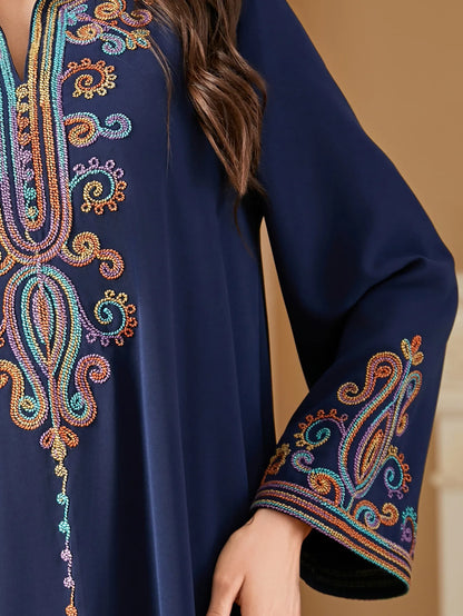 Dubai Muslim New Fashion Women's Embroidereid Long Sleeve V-neck Loose A-line Ankle Length Dresses Female Trendy Elegant Clothes.