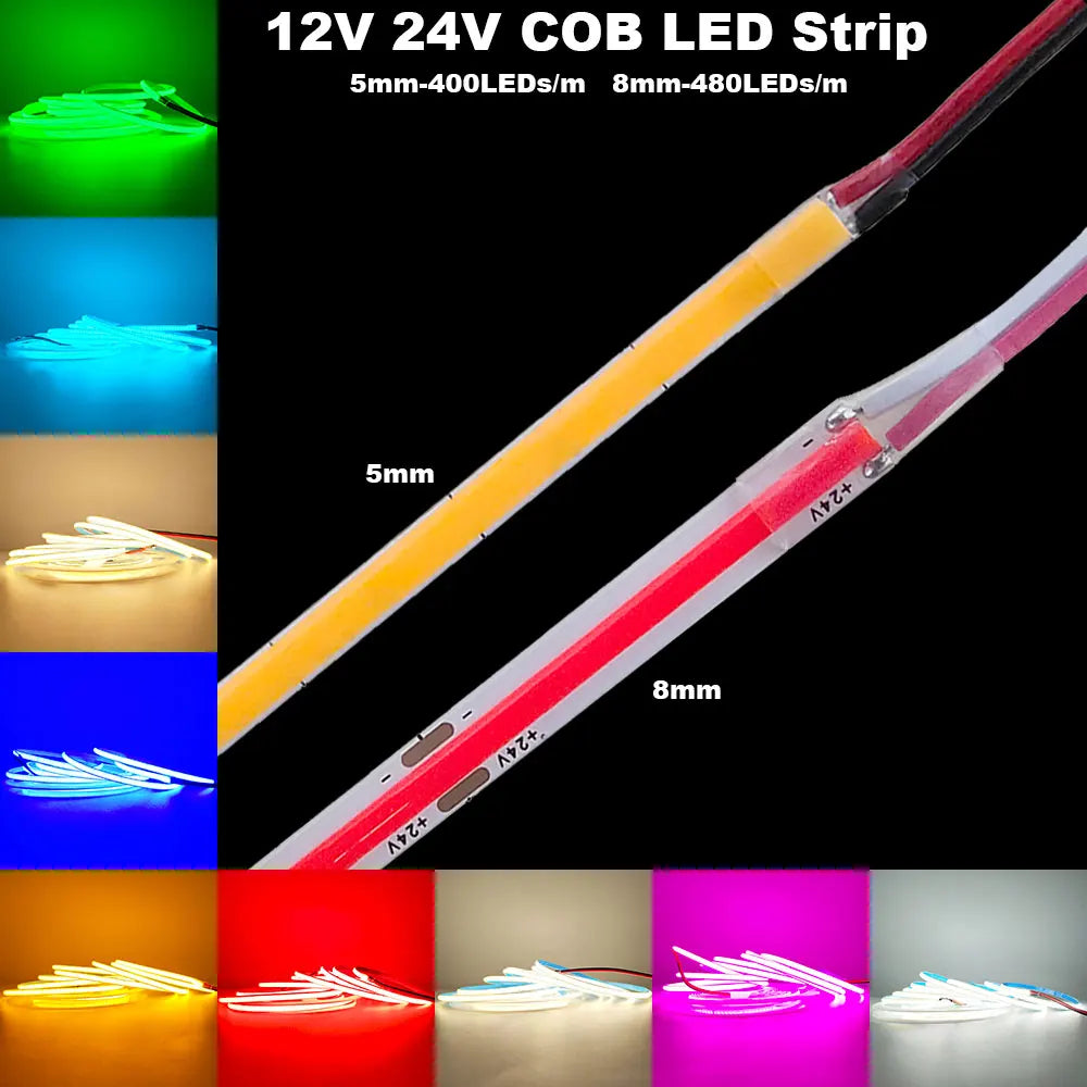 12V 24V COB LED Streifen 5mm/8mm PCB 400/480LEDs/m Flexible Rot/Grün/Blau/Rosa/Eisblau/Gelb Led Streifen Für Wohnkultur LED Lichter.