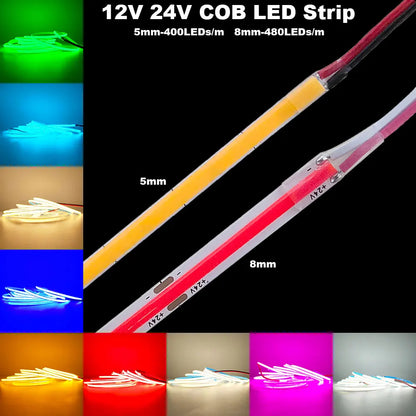12V 24V COB LED Streifen 5mm/8mm PCB 400/480LEDs/m Flexible Rot/Grün/Blau/Rosa/Eisblau/Gelb Led Streifen Für Wohnkultur LED Lichter.