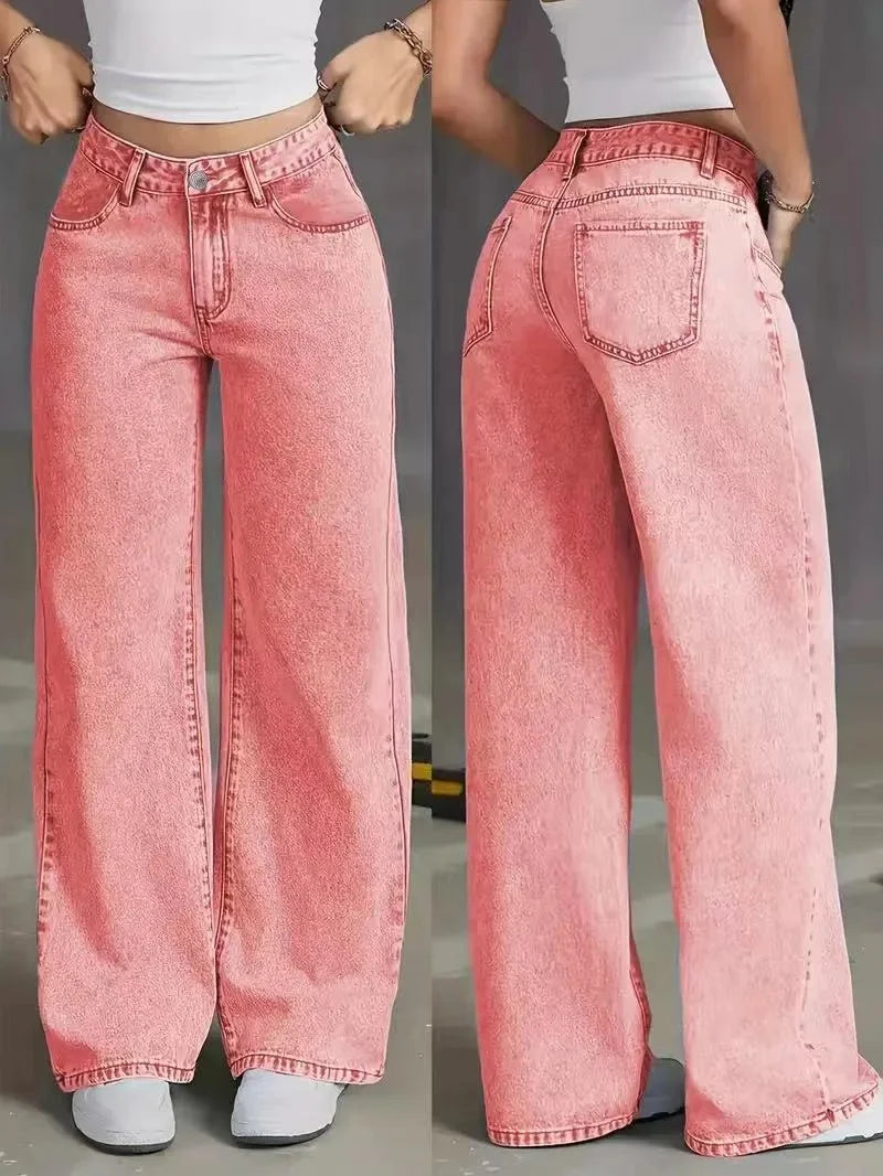 Fashionable Loose Women's Jeans High Waist Straight Leg Summer New Style Printed Trendy Cross-Border Denim Pants.