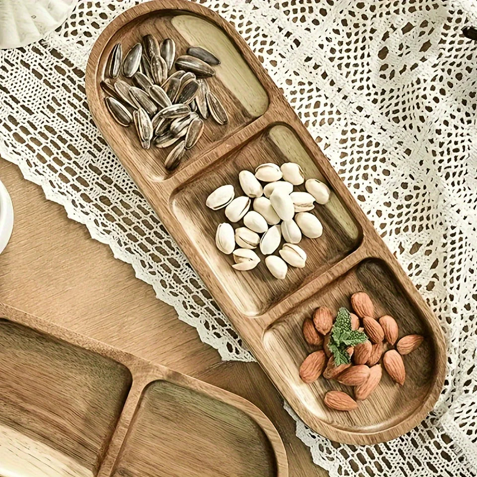 Acacia Wood Multipurpose Food Display Tray, Segmented Serving Platter for Kitchen Use, Snacks, Desserts Tray Home Decor.