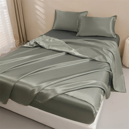 Satin Bed Sheets, Queen Size Sheets Set, 4 Pcs Silky Bedding Set   1 Deep Pocket Fitted Sheet + 1 Flat Sheet + 2 Pillowcases