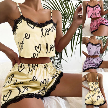 2 teile/satz Pyjama Anzug für Frauen Sexy Nette V-ausschnitt Spitze Liebe Herz Gedruckt Hosenträger Tops Shorts Nighty Nachtwäsche Homewear set.
