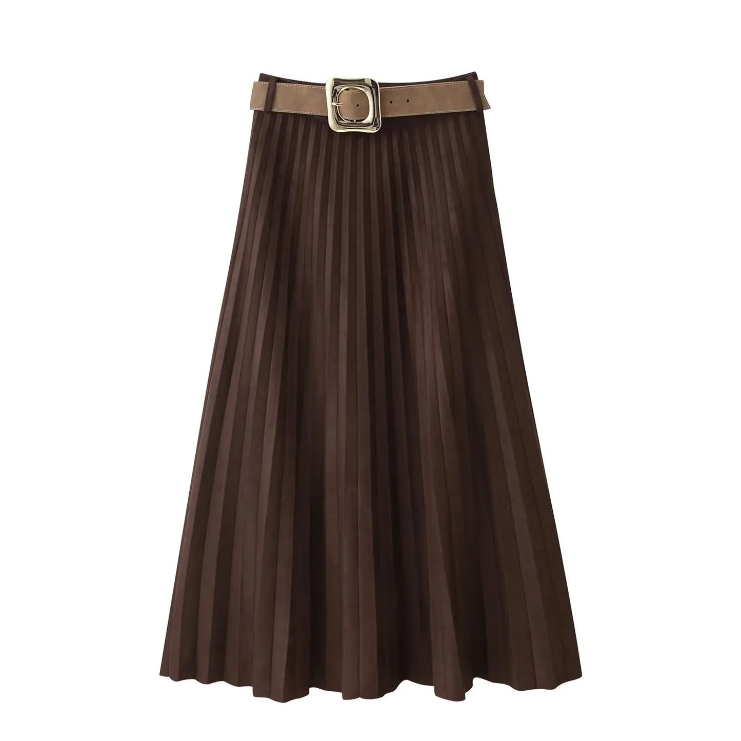 European and American style autumn new fashion trend casual simple women's matching belt suede effect pleated midi skirt