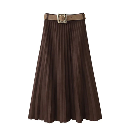 European and American style autumn new fashion trend casual simple women's matching belt suede effect pleated midi skirt