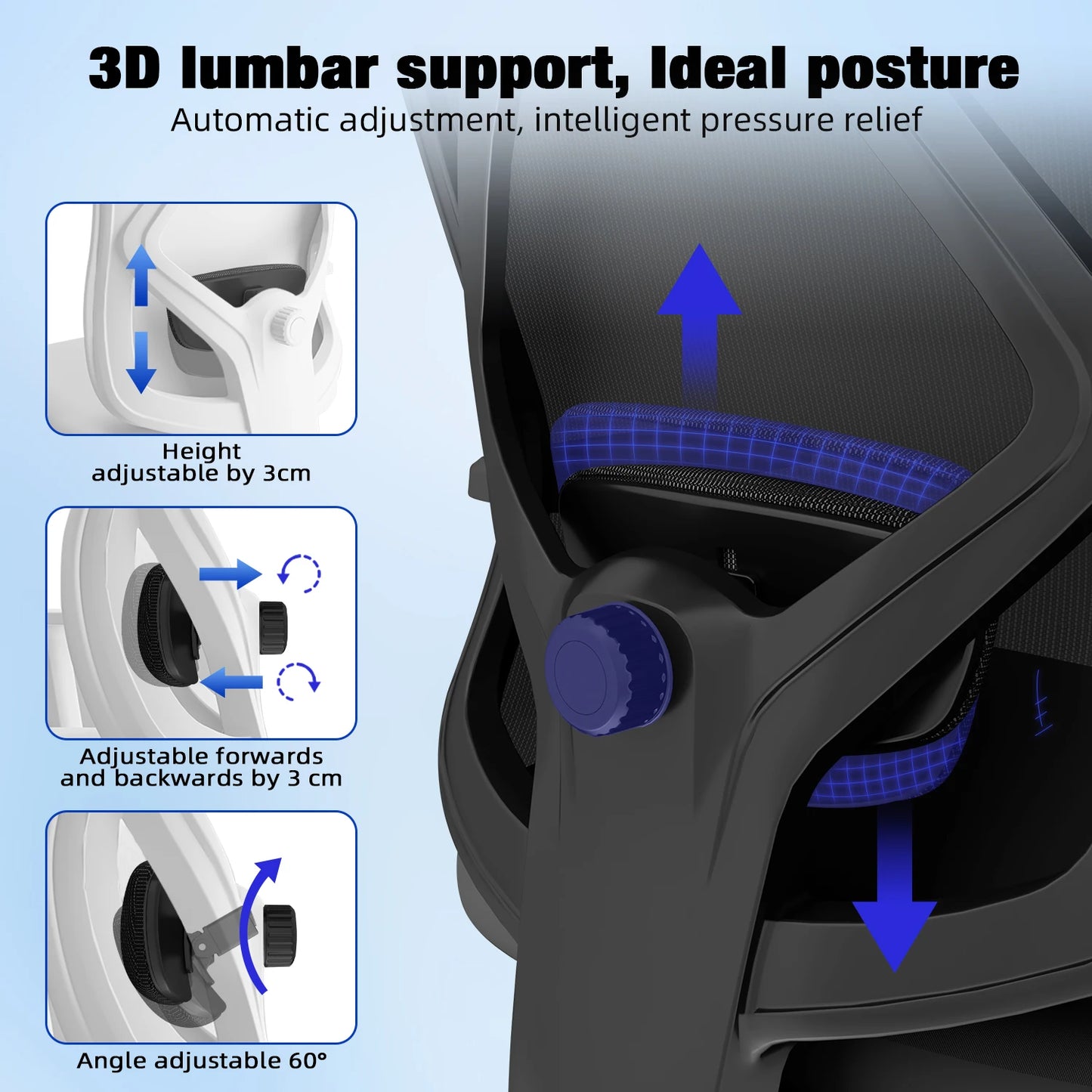 AUTHMIC Ergonomischer Bürostuhl, 3D-Lendenwirbelstütze, verstellbare Kopfstütze und Armlehnen, verstellbarer Schreibtischstuhl, 155 kg Tragkraft