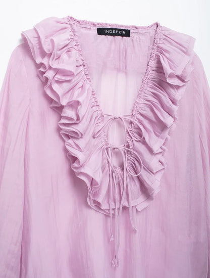 MUJER 2025 Ruffle Blouses for Women Semi Sheer Casual Blouse Woman Pleated Summer Shirts and Blouses Women Long Sleeve Women Top.