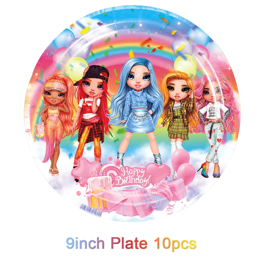 Cartoon Regenbogen Puppe High School Thema Hintergrund Geburtstag Party Dekoration Lieferungen Einweg Tasse Besteck Ballon Baby Geschenk.