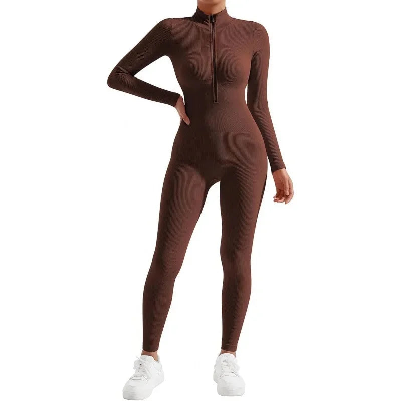Seamless Long Sleeve Yoga Suit One-Piece Tightening Fitness Leisure Sports Jumpsuit with Zipper for Women