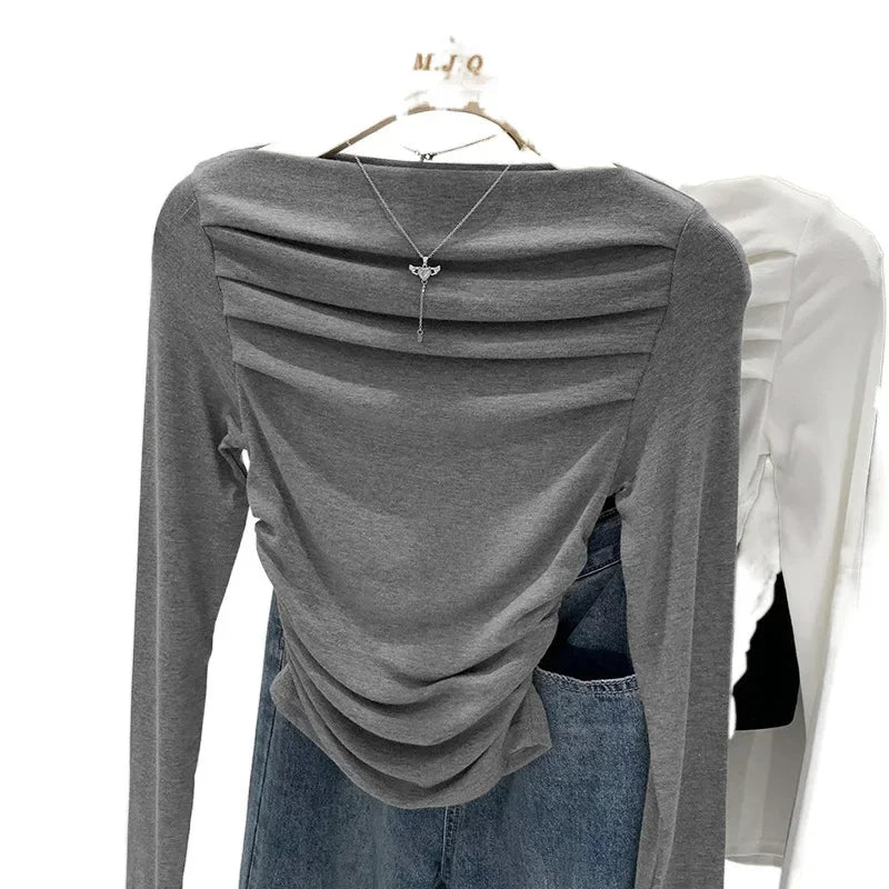 Spicy Girl Style One-Collar Ruffles Cropped Long Sleeve T-Shirt Women's Autumn/Winter New Arrival Base Layer Sweatshirt.