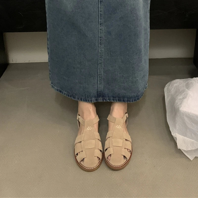 DIMANYU Women's Roman Sandals 2023 Summer New Flat Retro Real Leather Ladies Sandals Hollowed Women's Cage Shoes.