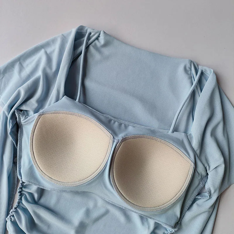 Yoga Clothes Women Sports Tops Fixed Chest Pads Mesh Splicing Slimming Long Sleeves Fashionable Running Training Fitness Clothes.