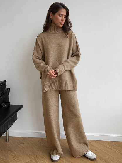 2025 Turtleneck Sweater Set Women's European, American Autumn and Winter New Loose Casual Lazy Thickened Knitted Trousers Set.