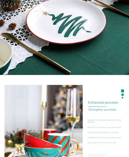 1pc Merry Christmas Ceramic Dinner Dish Plate Set Mug Dessert Cake Pastry Fruit Serving Plate Decorative Tableware.