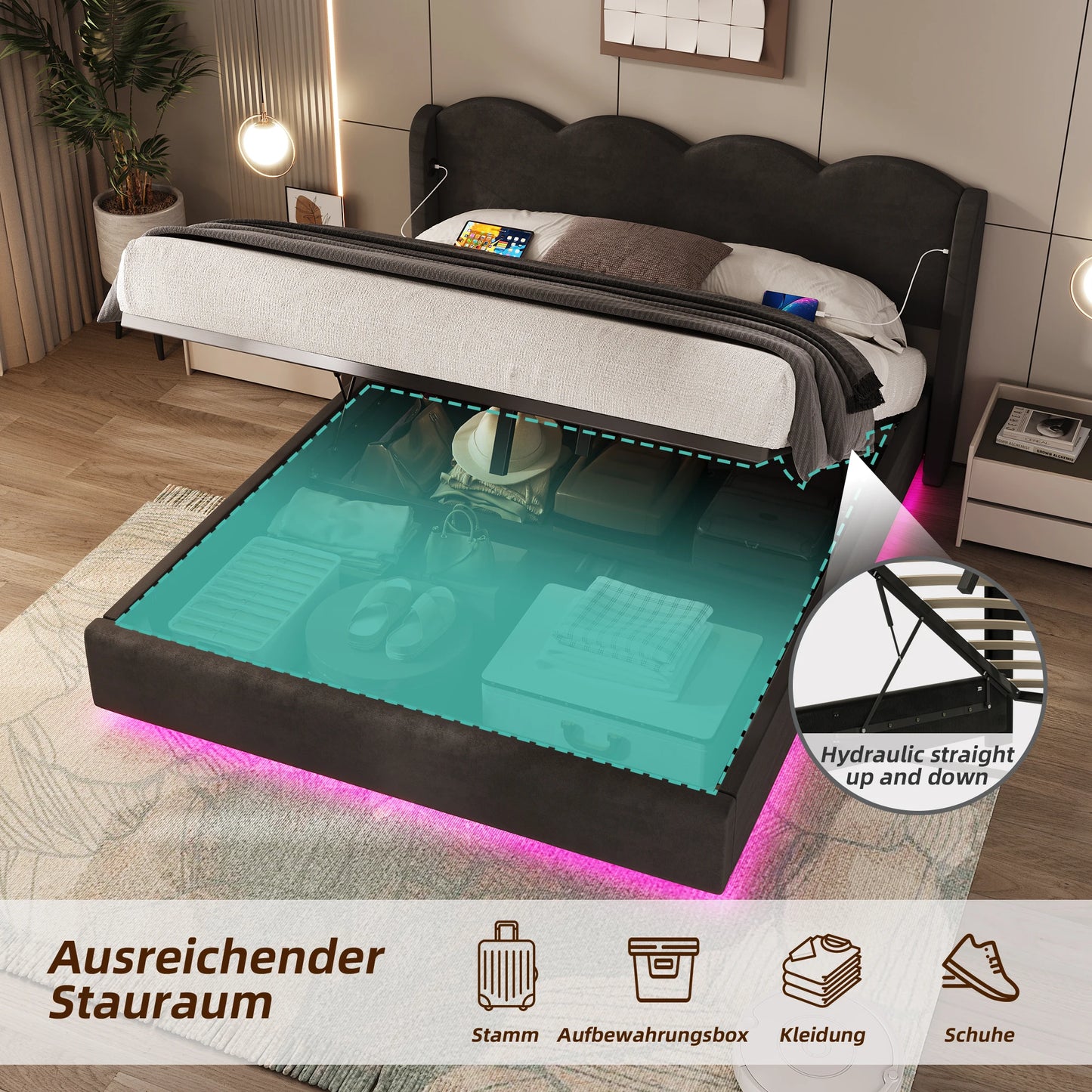 Gepolstertes Doppelbettrahmenpaneel, flache Nudelrahmenhalterung aus Wellpappe, mit LED-Licht, USB+C-Schnittstellenaufladung, 160 cm × 200 cm