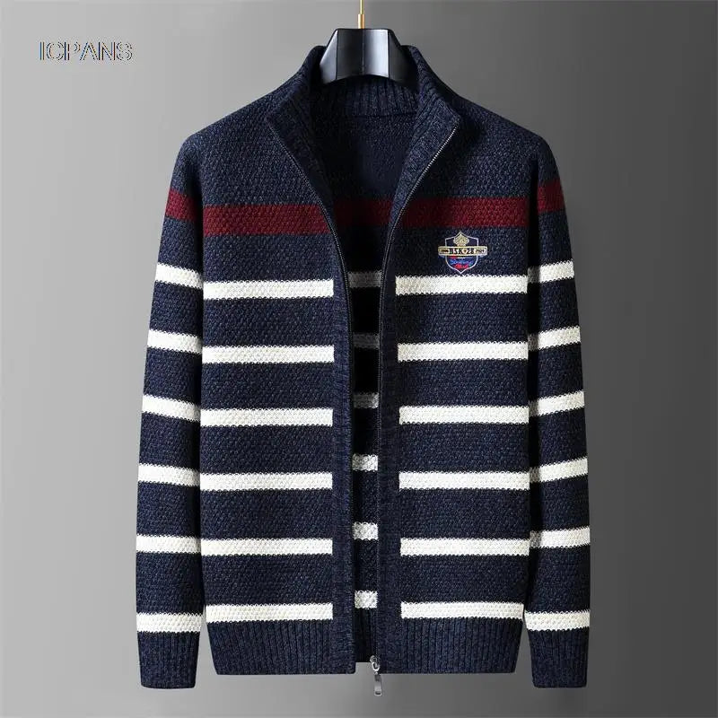 Winter Wool Liner Sweater  Cardigan Man Knit Striped Stand Collar Jacket Outwear Knitted Sweatercoat Men Vintage Clothing.