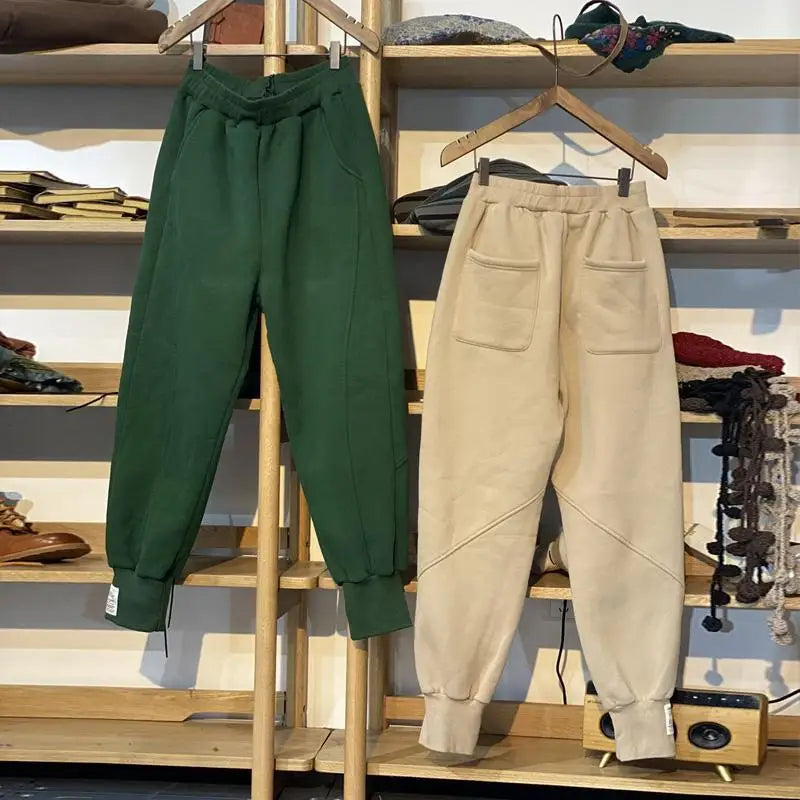 Autumn/Winter 150kg American Retro Cuffed Casual Trousers Men's Korean Slimming Patchwork Fleece-lined Harem Trousers Sweatpants.