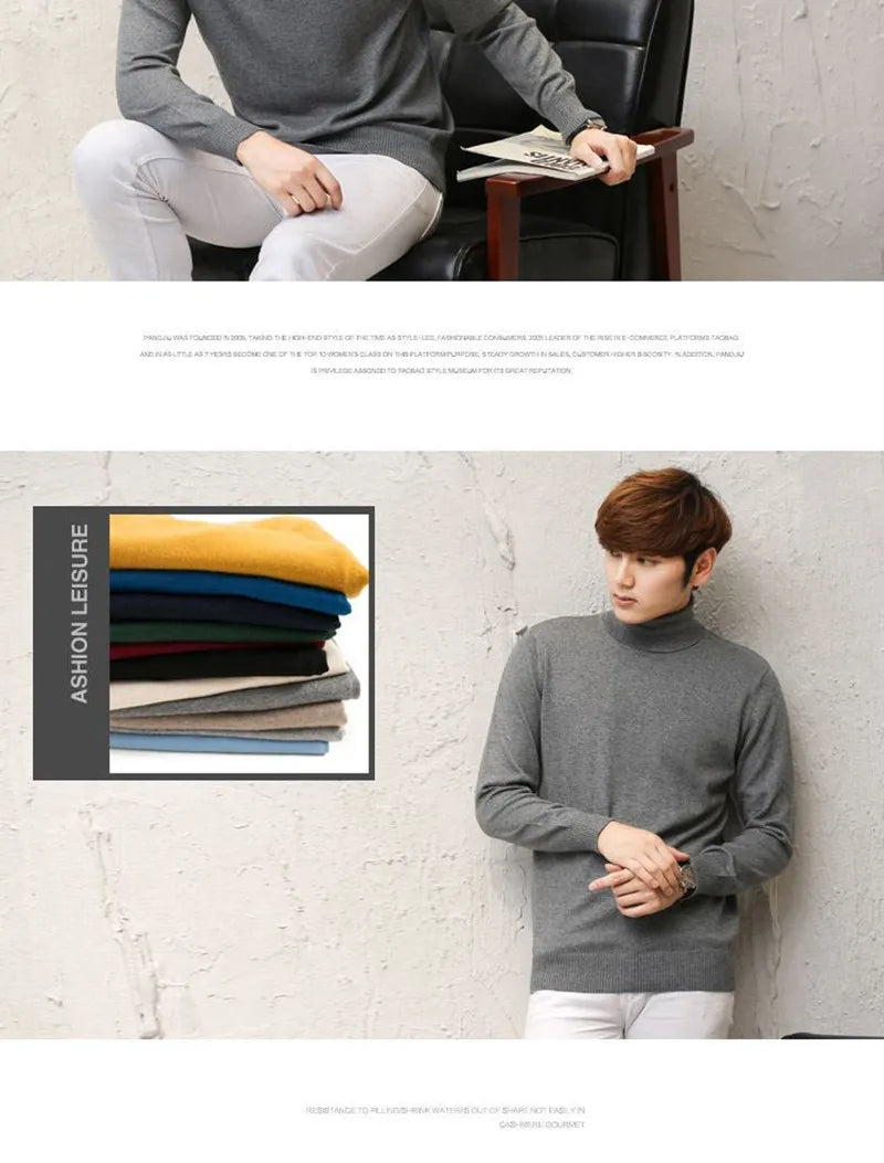 Cashmere Wool Solid Autumn Winter Men's Warm Turtleneck Knit Loose Long Sleeve Sweater Casual Comfortable Pullover Thick Sweater