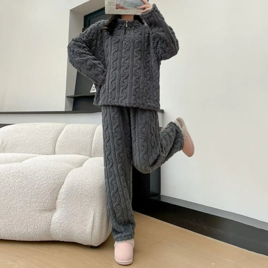 2-teiliges Set, verdickt, warm, modisch, Samt-Pyjama, Herbst-Winter, gepolstert, Damen, lässig, elastisch, gestreift, bequem, Homewear