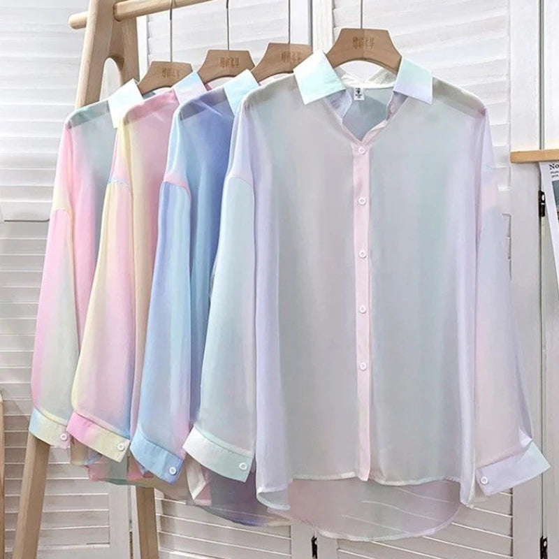 Irregular Gradient Rainbow Long Sleeved Shirt And Blouses Thin Youthful Women's Clothing Loose Top Pink Casual Transparent New.