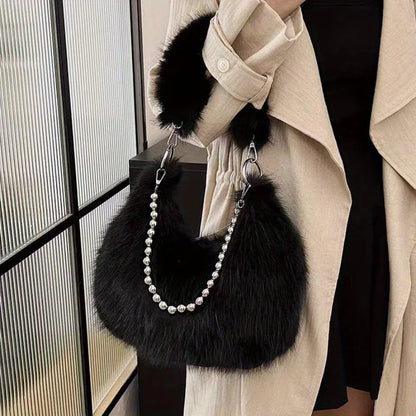 Luxurious Faux Fur Tote Bag Chic Underarm Shoulder Bag Stylish Handbag & Purse with Pearl Chain Strap, Polyester Lined Interior.