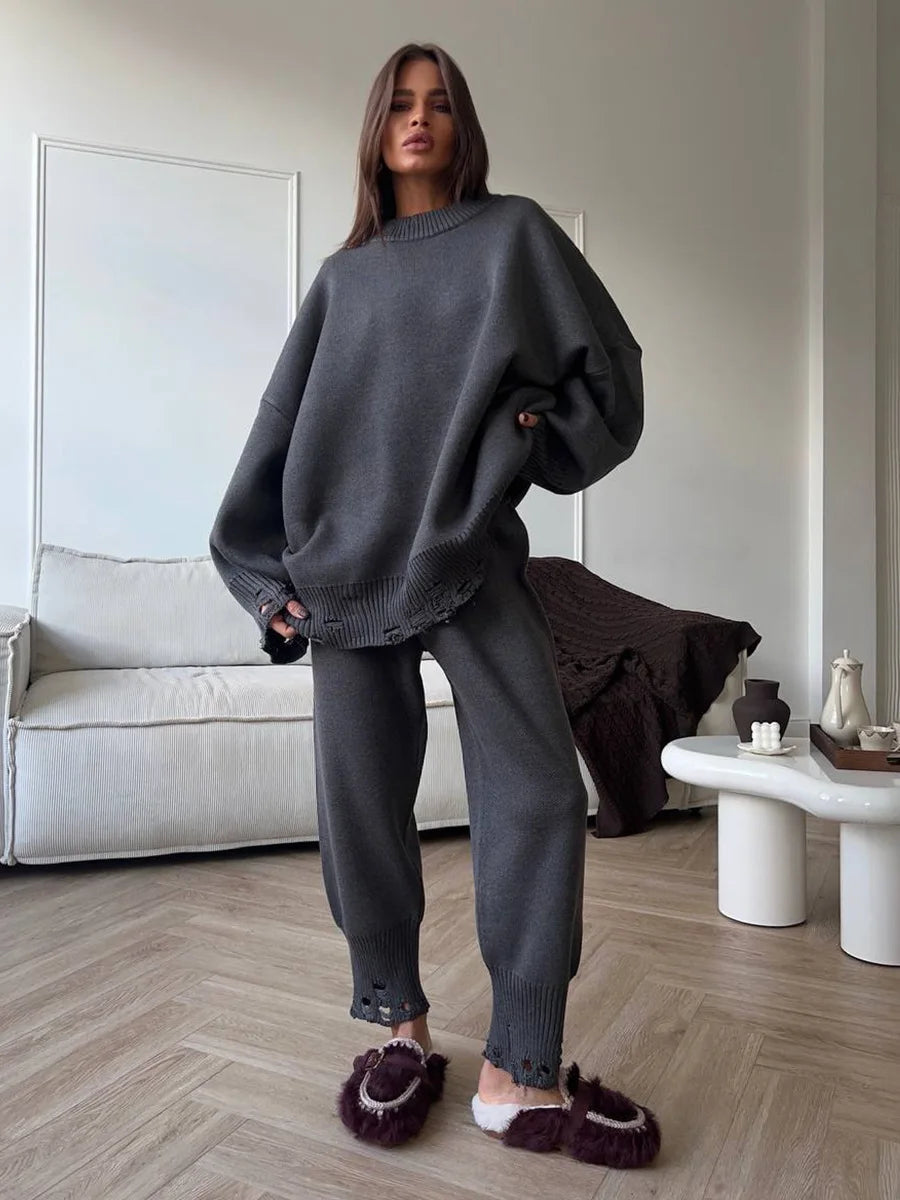 Two Piece Ripped Set Women Knit Tracksuits O Neck Long Sleeve Casual Baggy Sweatshirts+ Joggers Pants Outfits 2025 Fall Winter